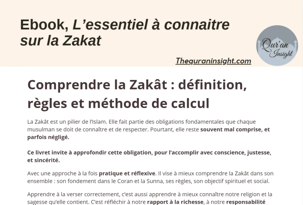 Illustration de l’ebook « L’essentiel à connaître de la Zakât » avec une couverture moderne et des symboles islamiques